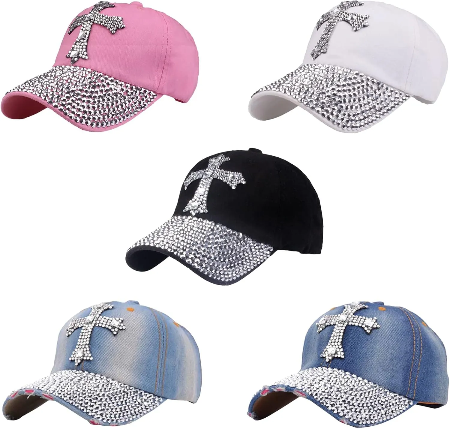 Song Qing Jean Snapback Hat Women Men Bling Cross Rhinestones Denim Baseball Cap