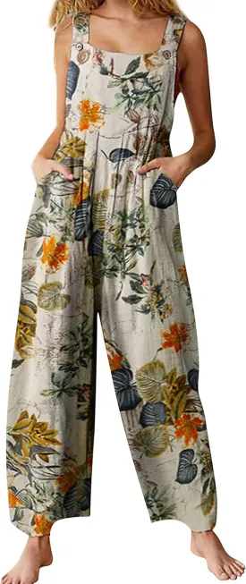 UANEO Overalls for Women Loose Fit Summer Wide Leg Jumpsuits Floral Boho Clothes