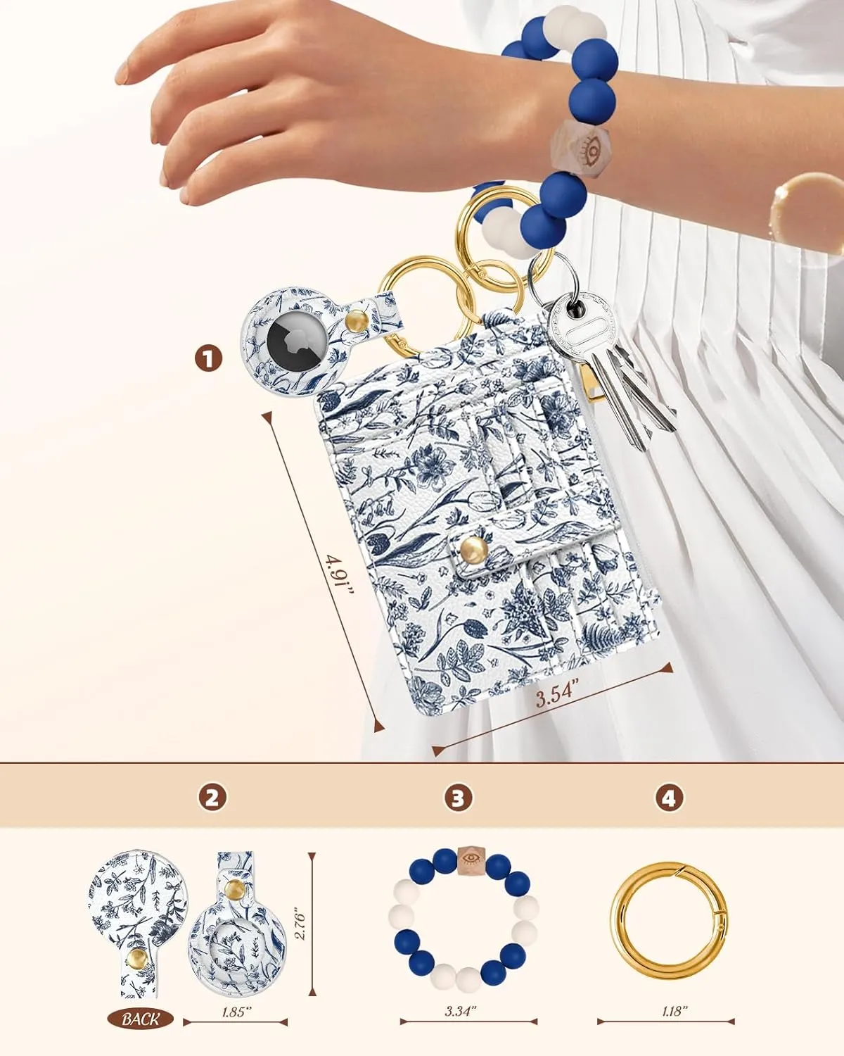 Wallet Keychain Wristlet for Women with AirTag Holder - Cute Design Credit Card Holder Wallets Key Chain Ring Slim Small RFID Air Tag Coin Pocket Purse for Ladies Girls Female,Blue Flower