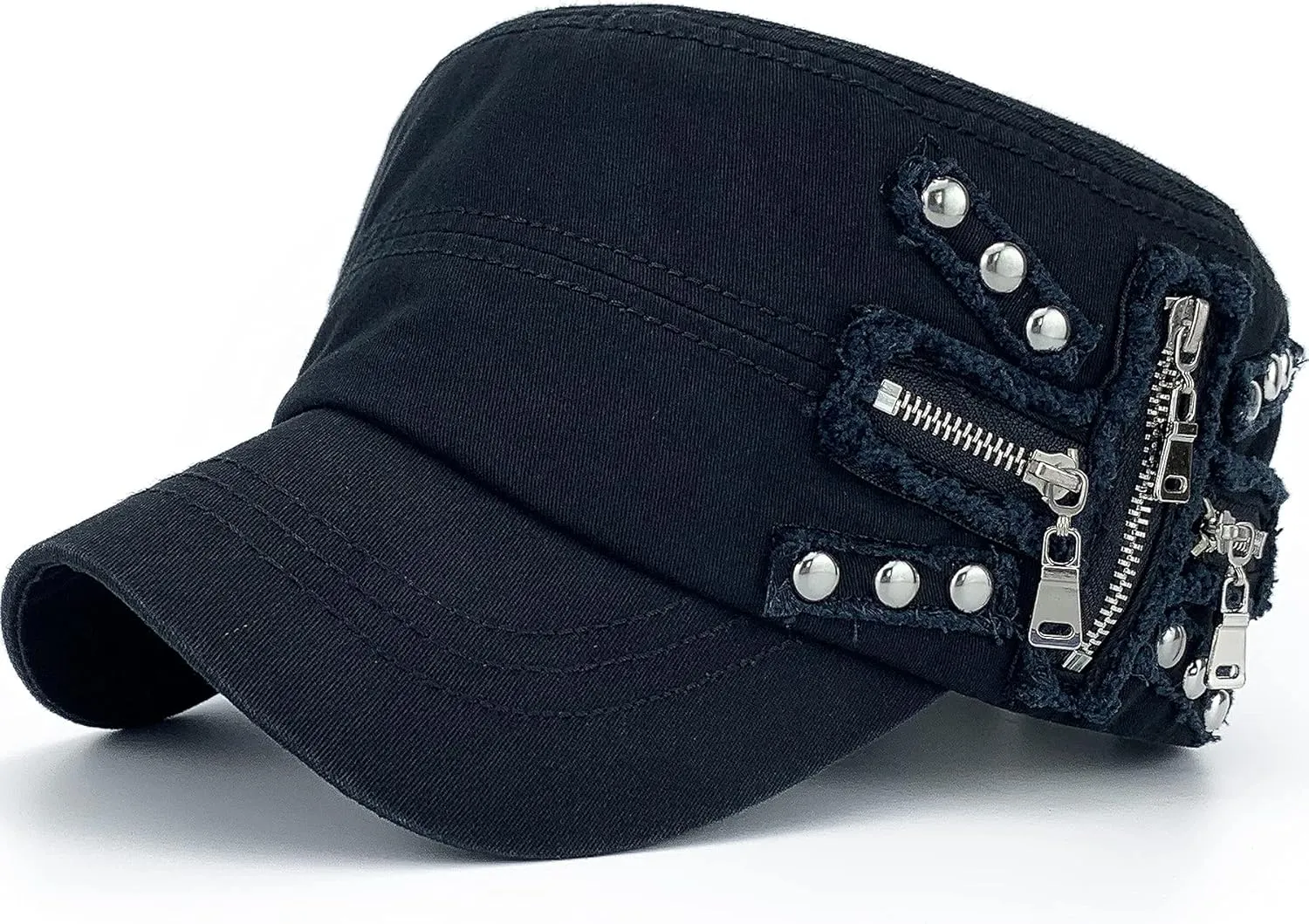 Wash Cotton Zipper Military Caps for Women Star-Rivet-Studded Cadet Hats for Women Army Cap Flat Top Hat