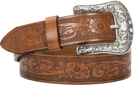 Western-Leather-Belts for Women Turquoise-Oval-Buckle Embossed Cowgirl Belt for Jeans Pants (Fit for 28-38" Waist)