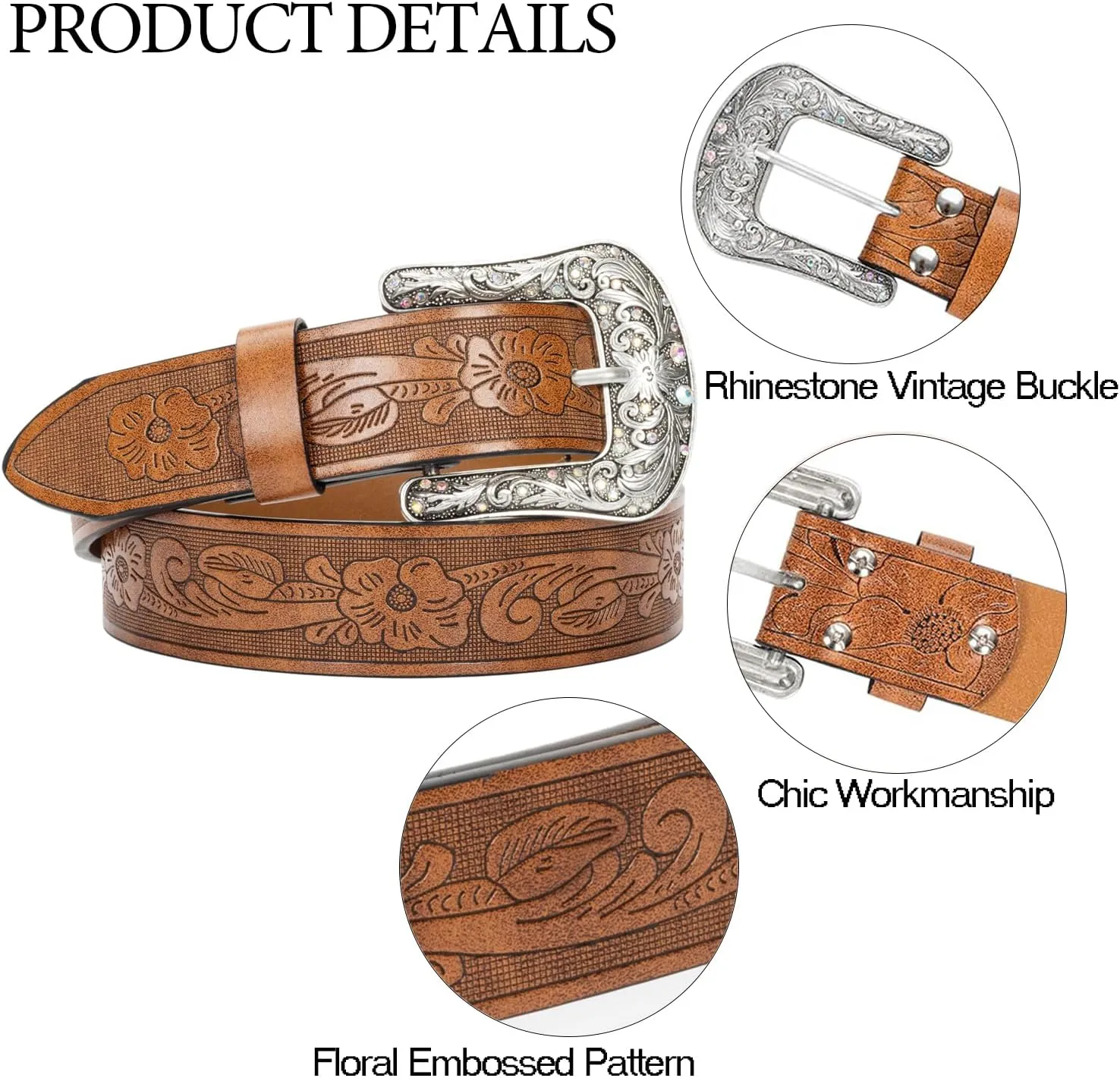 Western-Leather-Belts for Women Turquoise-Oval-Buckle Embossed Cowgirl Belt for Jeans Pants (Fit for 28-38" Waist)