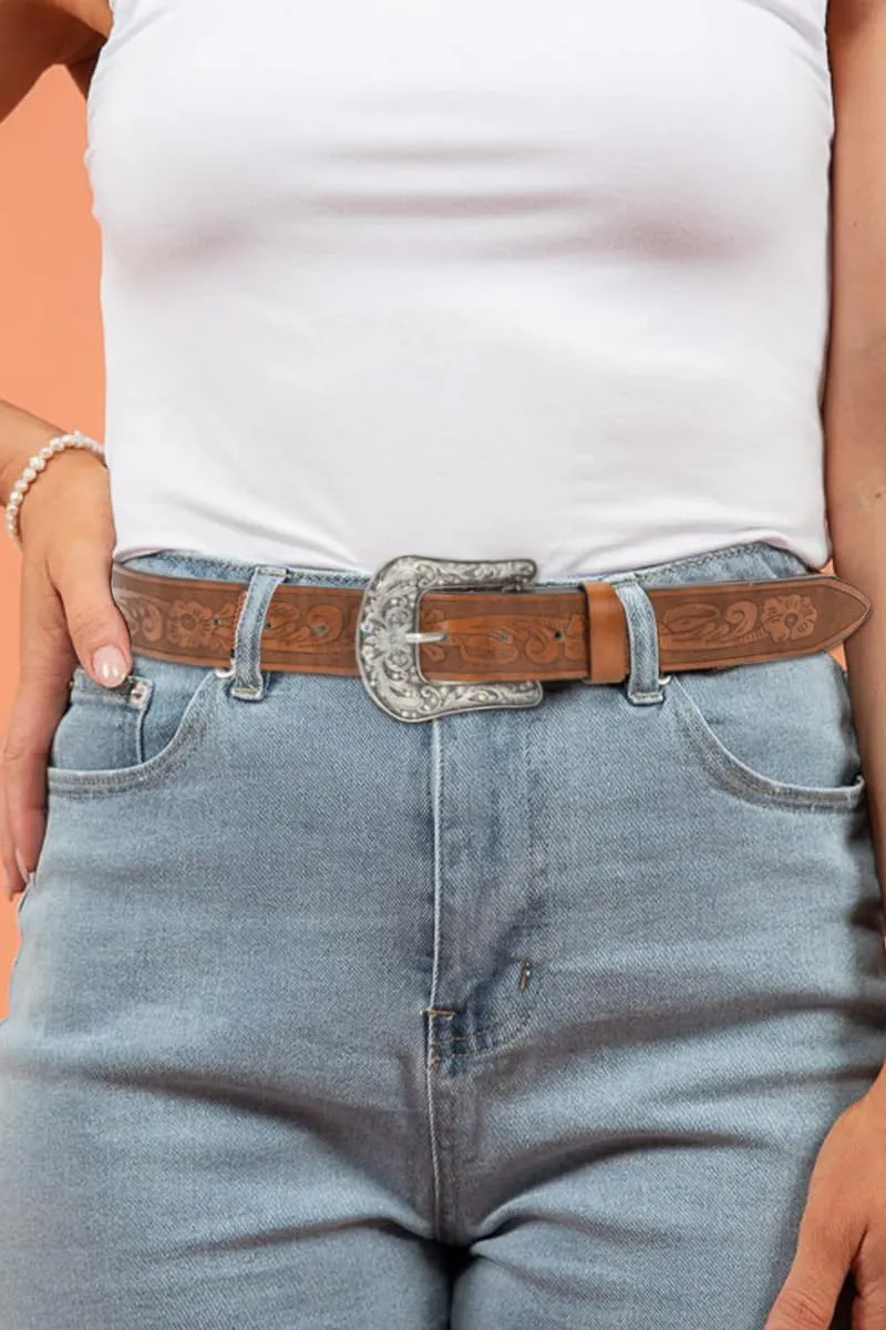 Western-Leather-Belts for Women Turquoise-Oval-Buckle Embossed Cowgirl Belt for Jeans Pants (Fit for 28-38" Waist)