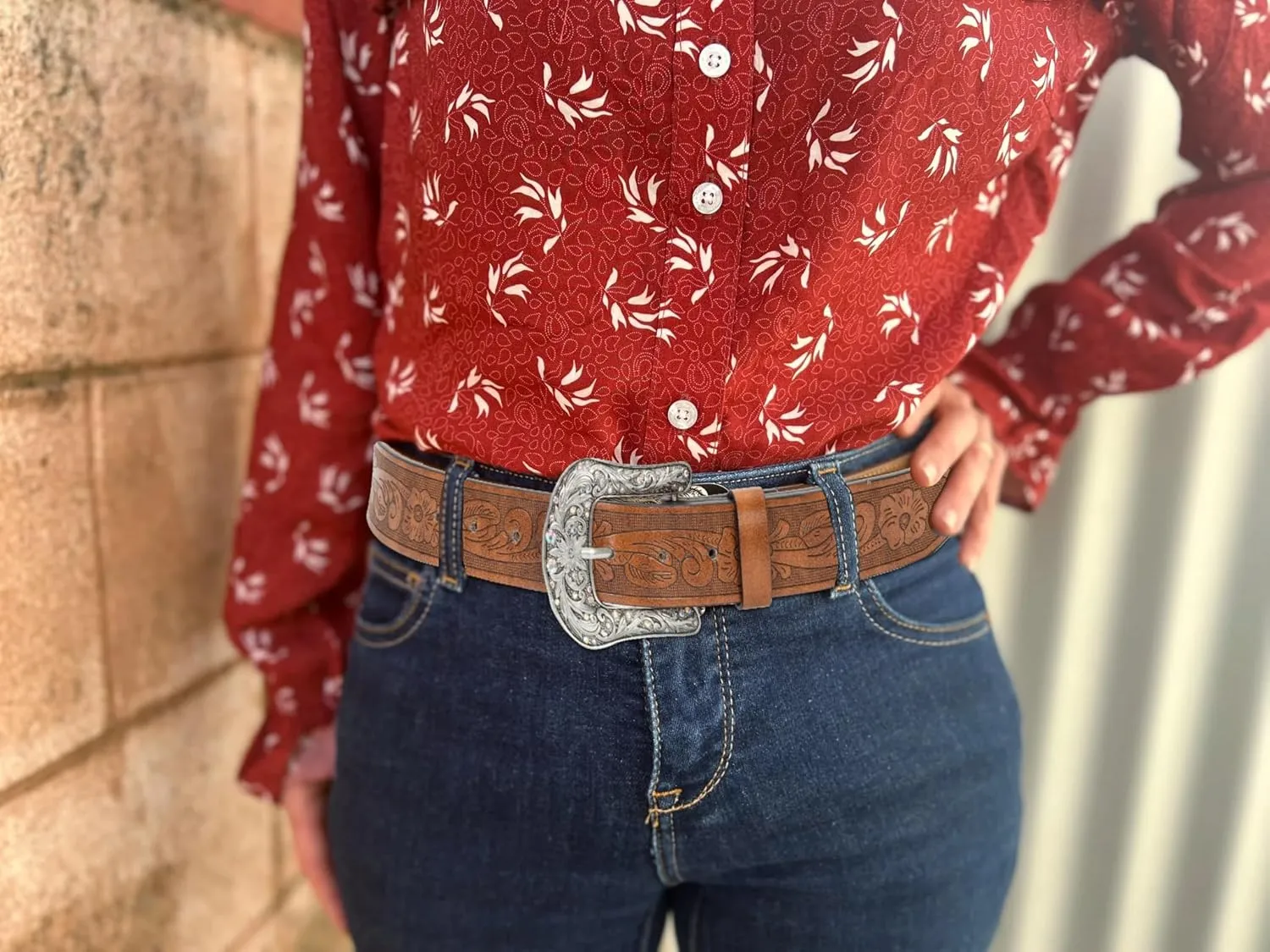 Western-Leather-Belts for Women Turquoise-Oval-Buckle Embossed Cowgirl Belt for Jeans Pants (Fit for 28-38" Waist)