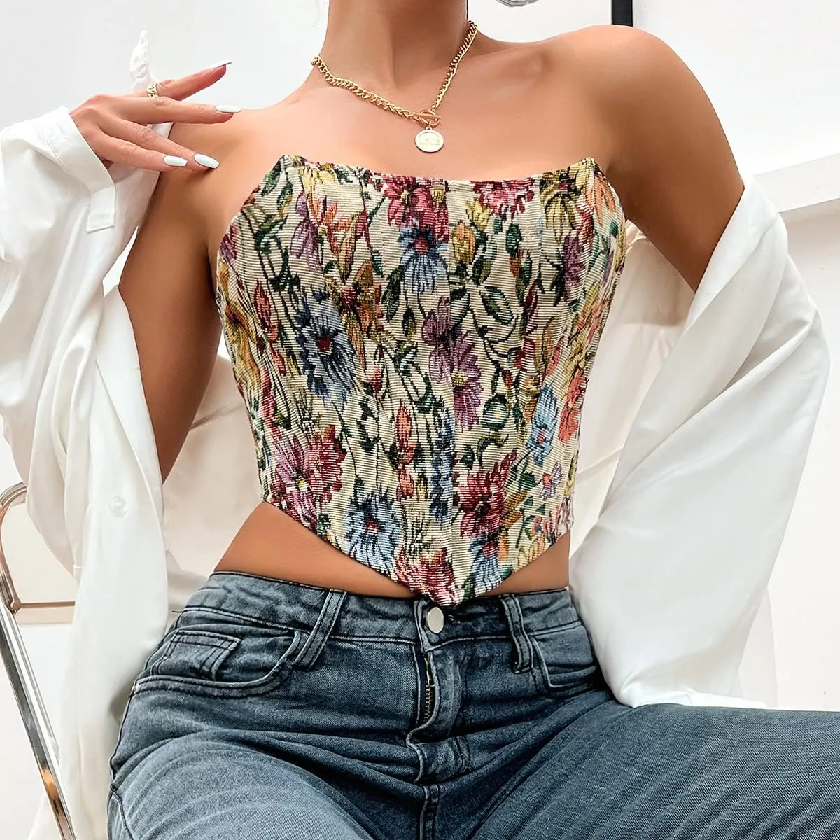 Women's Strapless Flloral Print Bustier Corset Top Asymmetrical Hem Crop Tops Boned Tube Top