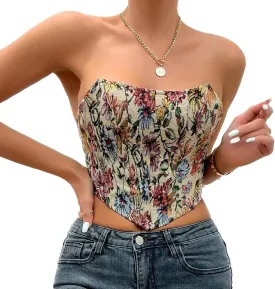 Women's Strapless Flloral Print Bustier Corset Top Asymmetrical Hem Crop Tops Boned Tube Top