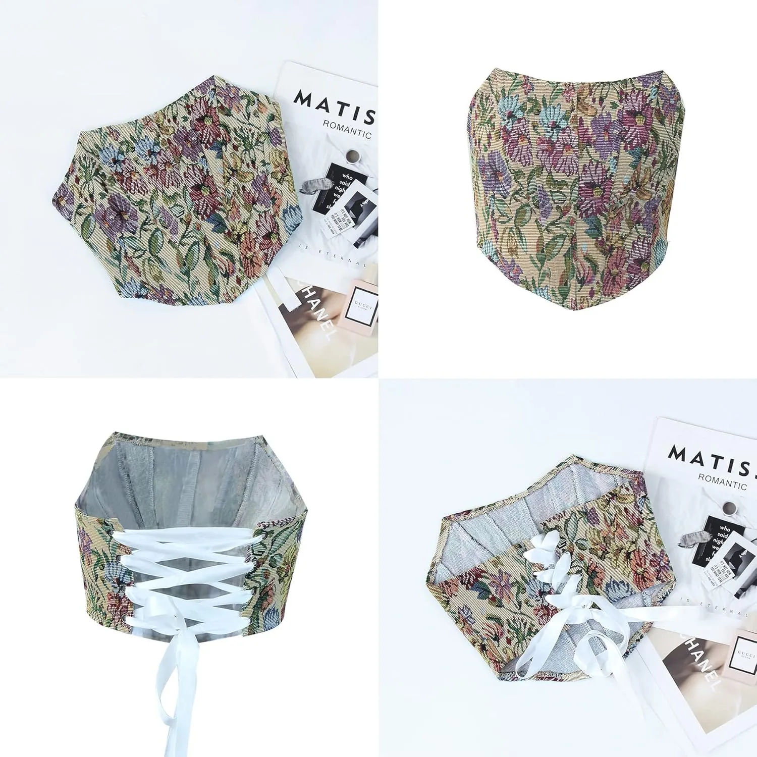 Women's Strapless Flloral Print Bustier Corset Top Asymmetrical Hem Crop Tops Boned Tube Top