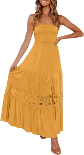 Womens Summer Bohemian Strapless Off Shoulder Lace Trim Backless Flowy A Line Beach Long Maxi Dress Dress with