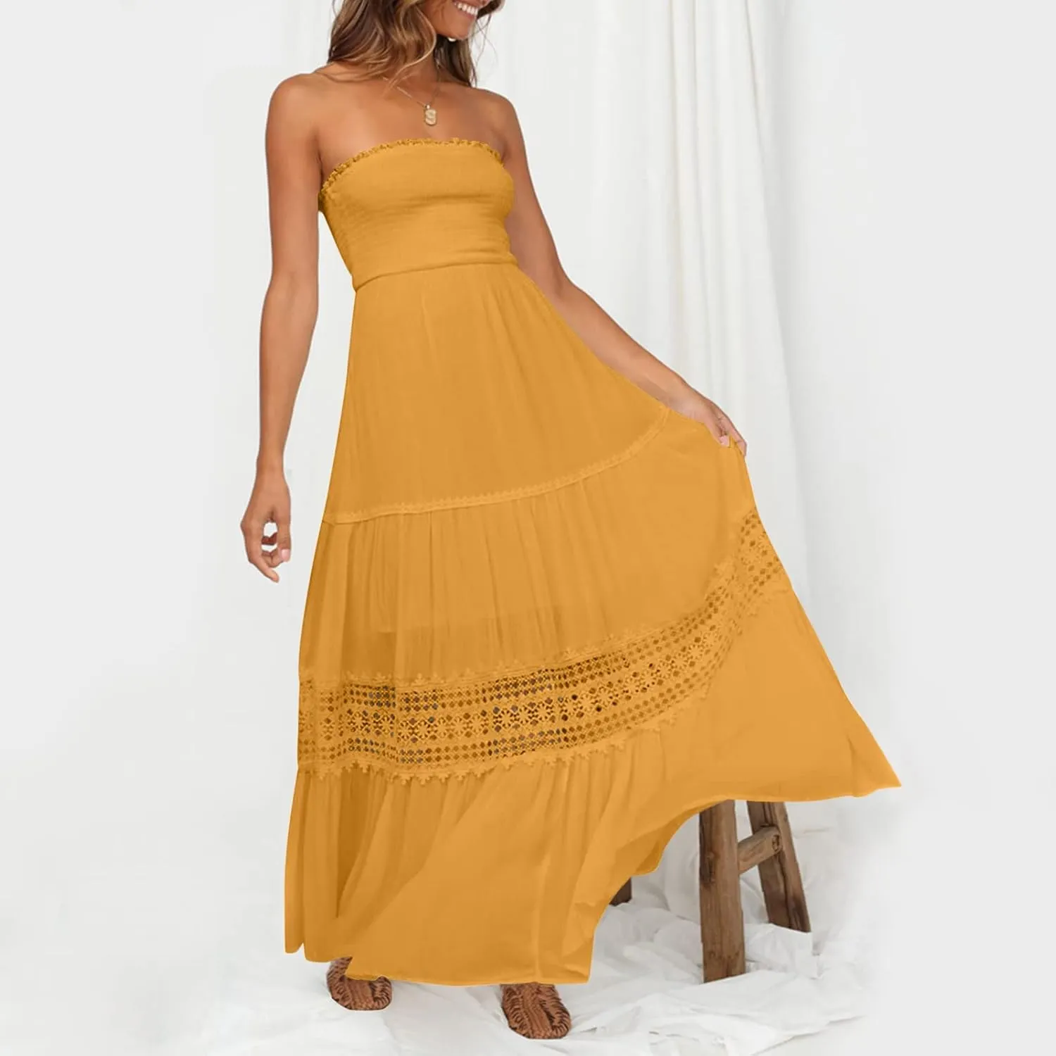 Womens Summer Bohemian Strapless Off Shoulder Lace Trim Backless Flowy A Line Beach Long Maxi Dress Dress with