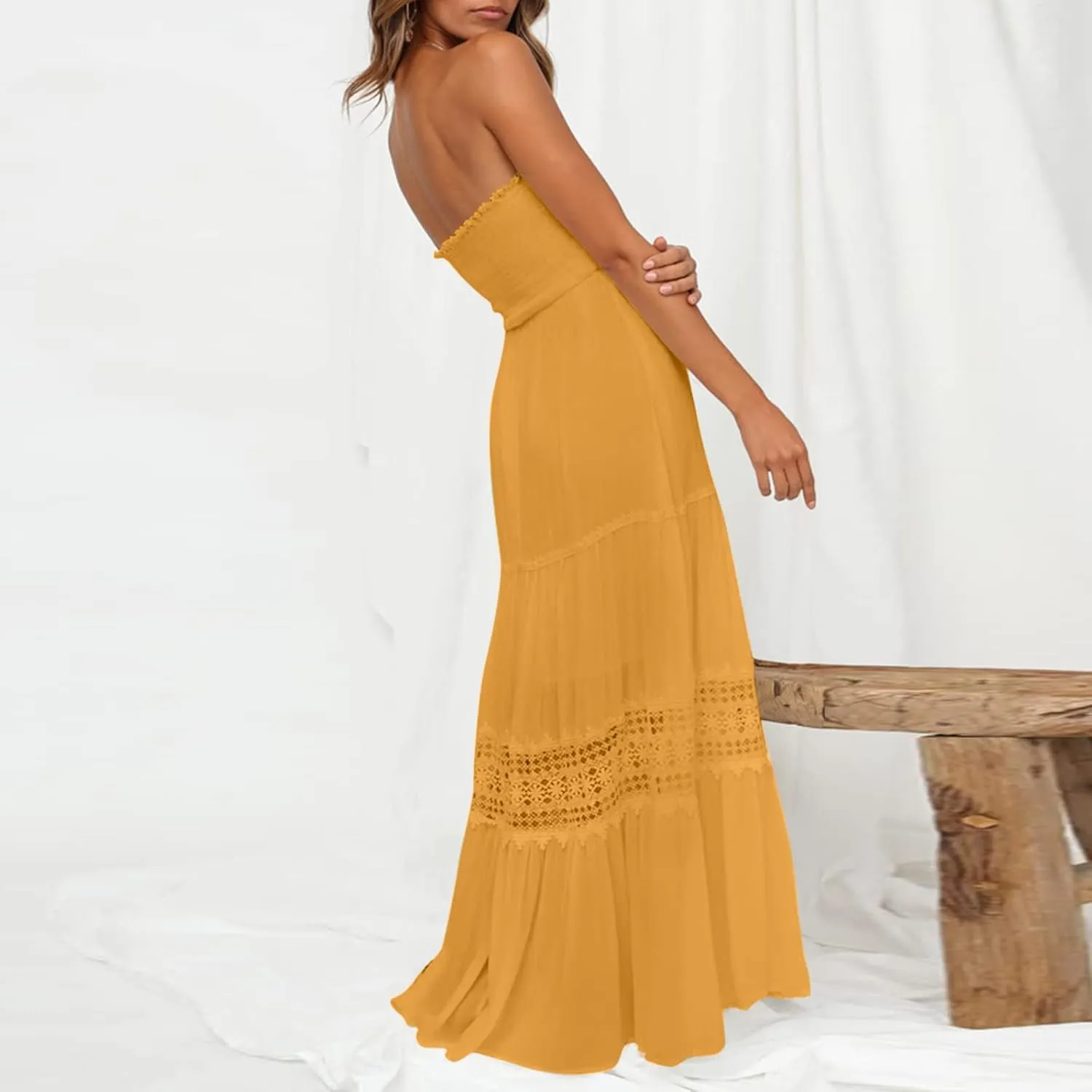 Womens Summer Bohemian Strapless Off Shoulder Lace Trim Backless Flowy A Line Beach Long Maxi Dress Dress with