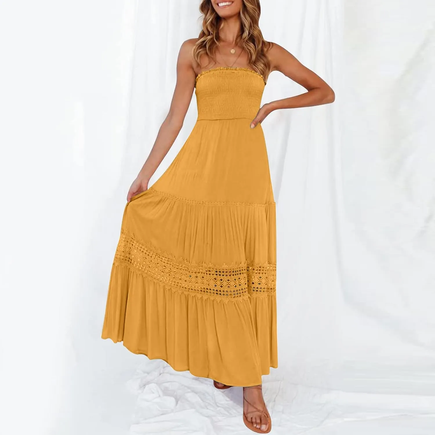 Womens Summer Bohemian Strapless Off Shoulder Lace Trim Backless Flowy A Line Beach Long Maxi Dress Dress with